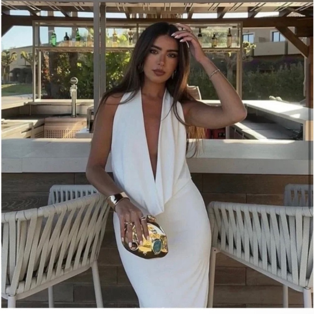Elegant White Plunge Halter Dress